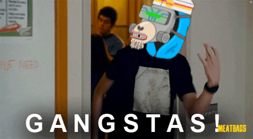 a man wearing a gas mask stands in front of a door with the words gangsta written on it