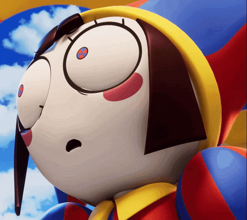 a close up of a cartoon character with a surprised look on its face