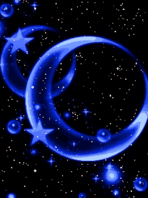 a purple crescent moon is surrounded by stars on a black background