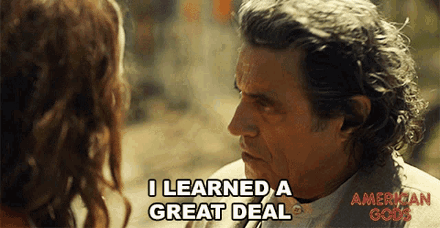an advertisement for american gods shows a man and a woman talking