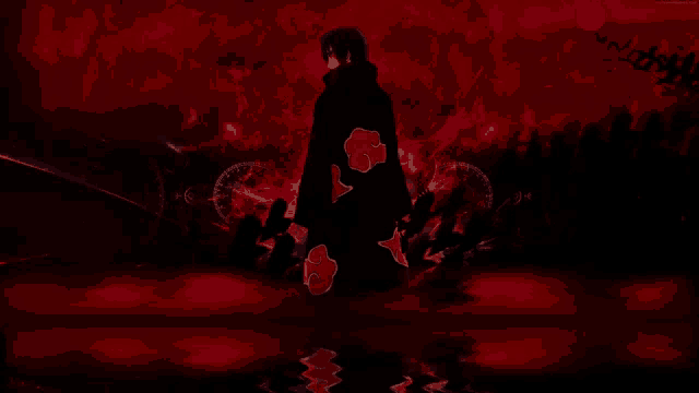 a silhouette of itachi uchiha from naruto with a red cloud on his chest
