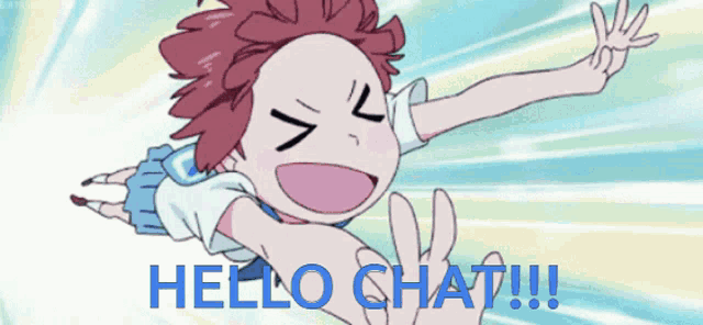 a girl is flying through the air with the words hello chat