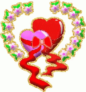 two hearts are surrounded by a wreath of flowers and ribbons