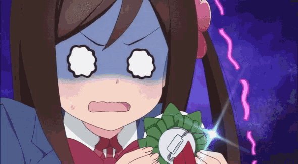 a girl in a school uniform is holding a green ribbon and making a surprised face