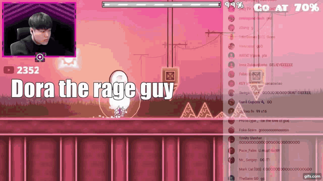 dora the rage guy is playing a video game on a pink background