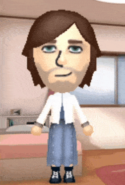a cartoon character with a beard wearing a white cardigan and blue skirt