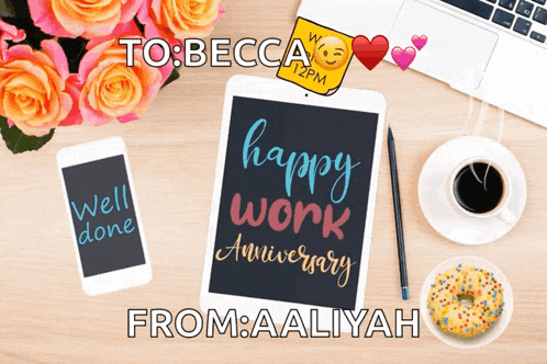 a greeting card that says to becca happy work anniversary