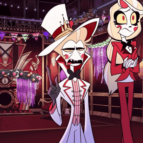 a cartoon character in a top hat stands next to a girl in a red suit