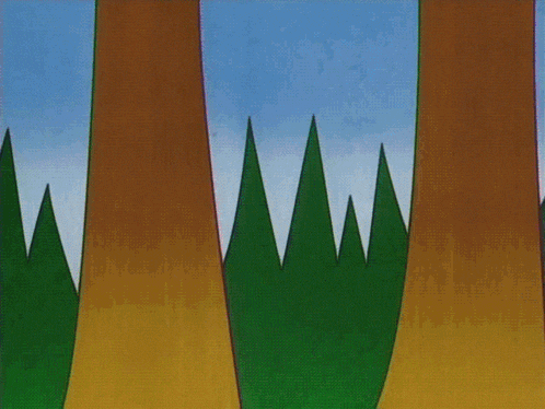 a cartoon drawing of a forest with trees and shrubs