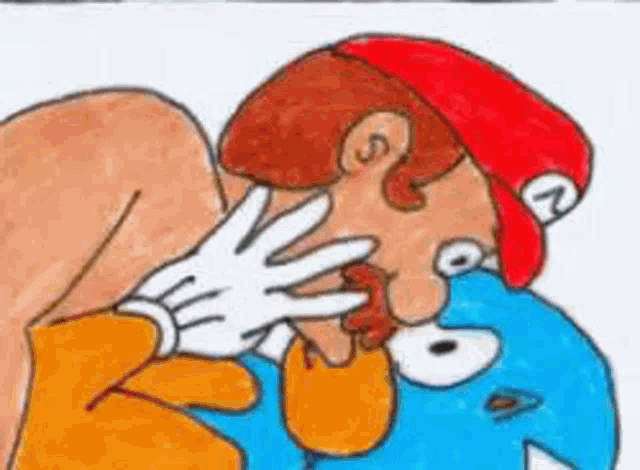 a cartoon of a man in a red hat kissing a blue cartoon character .