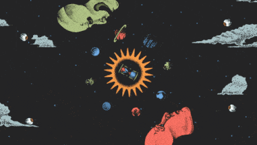 a colorful drawing of a person looking at the sun and planets