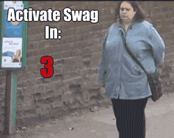 a woman is walking down the street with the words activate swag in