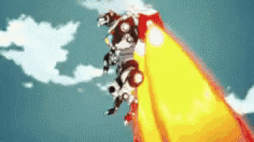 a cartoon character is flying through the air with a yellow and red cape .