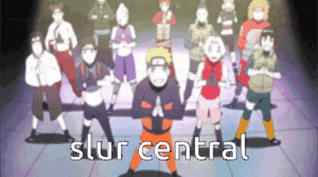 a group of anime characters are standing in a line with the words slur central written in white