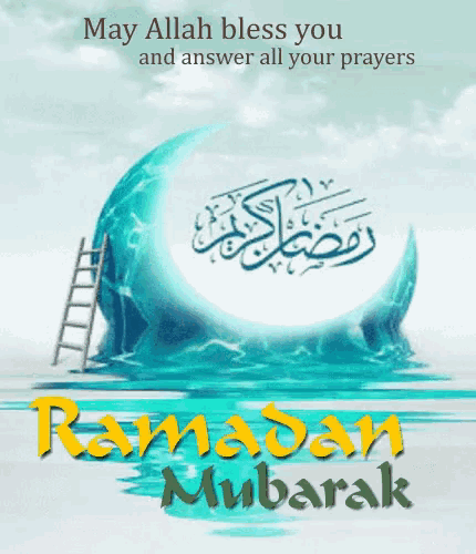 a greeting card for ramadan mubarak with a crescent moon and a ladder in the water
