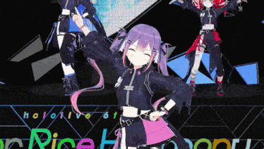 a girl with purple hair is standing in front of a sign that says hololive 61