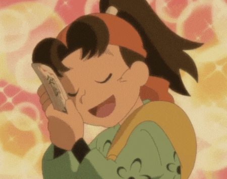 a cartoon character is holding a book in his hand and smiling with his eyes closed