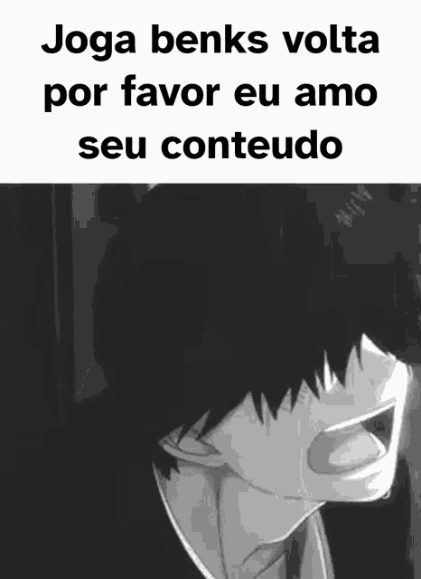 a black and white photo of a boy crying with the words `` joga bens volta por favor eu amo seu conteudo '' written on it .
