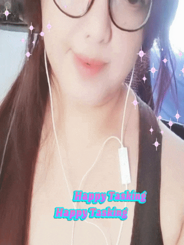a woman wearing glasses and earbuds with the words happy tasking happy tasking