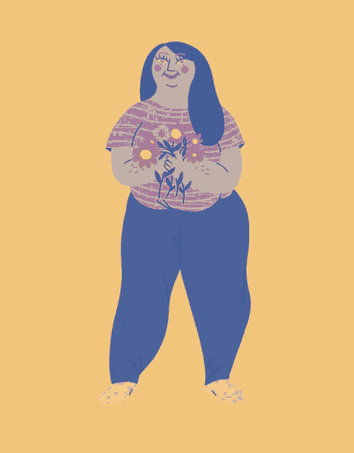 a cartoon drawing of a woman holding flowers