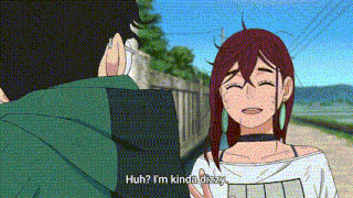 a man and a woman are standing next to each other and the woman is saying huh ? i 'm kinda dizzy