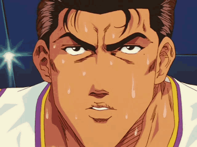 a close up of a man 's face with sweat coming out of his nose