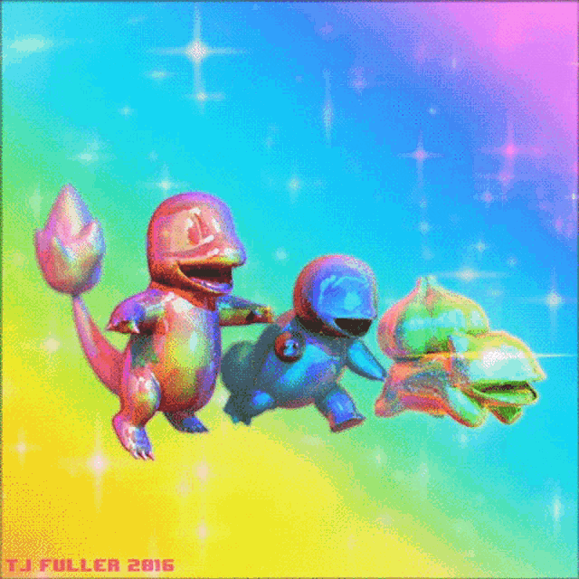 a painting of three pokemon by t.j fuller