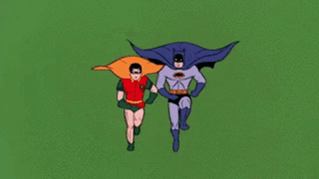 a cartoon of batman and robin running on a grassy field