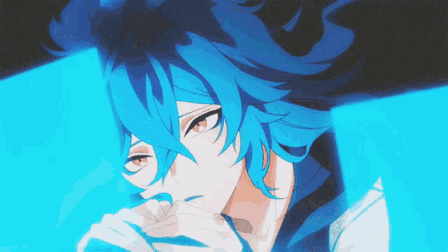 a cartoon character with blue hair and orange eyes