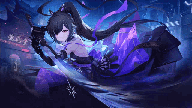 a girl in a purple dress is holding a sword in front of a sign that says ' chinese ' on it