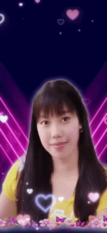a woman in a yellow shirt is surrounded by hearts