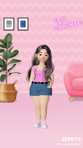 a cartoon girl is standing in front of a pink wall with the word love written on it