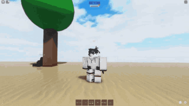 a screenshot of a video game shows a person standing in the sand with their arms outstretched