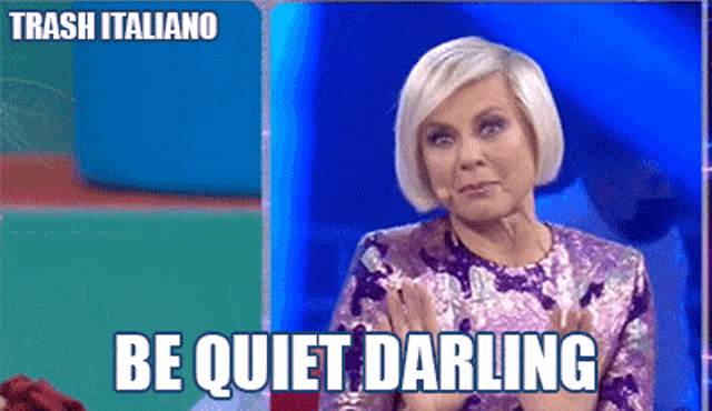 a woman in a purple dress with the words be quiet darling on the bottom