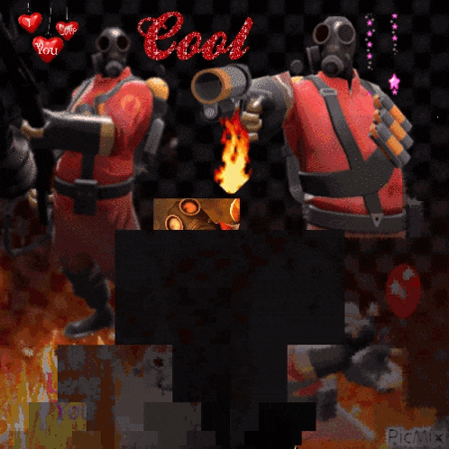 a picture of a man with a gas mask holding a gun with the word cool above him