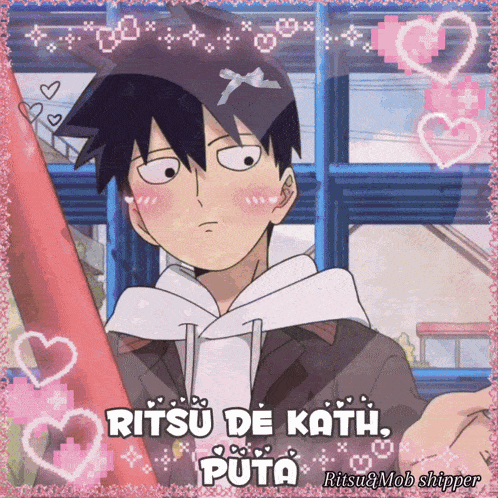 a picture of a boy with the words ritsu de kath puta on it