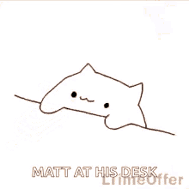 a cat is laying on a desk with the words `` matt at his desk '' written on the bottom .