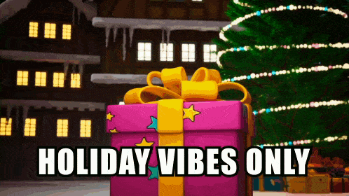 a pink gift box with the words holiday vibes only written on it