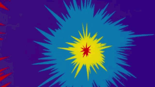 a blue background with a yellow and red burst in the middle