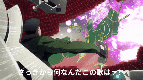 a man in a green jacket is standing in front of a purple and red background with chinese writing