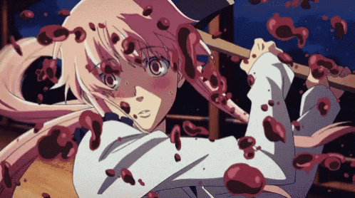 a girl with pink hair is holding a bloody axe in her hand