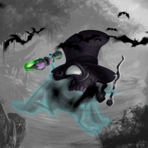 a cartoon drawing of a ghost with a top hat and a green bottle