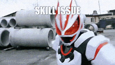 a power ranger is standing in front of a pile of pipes with the words skill issue written on it