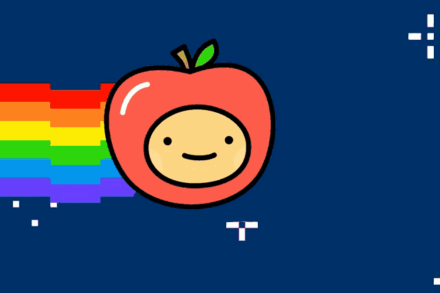 a cartoon of an apple with a face and a rainbow behind it