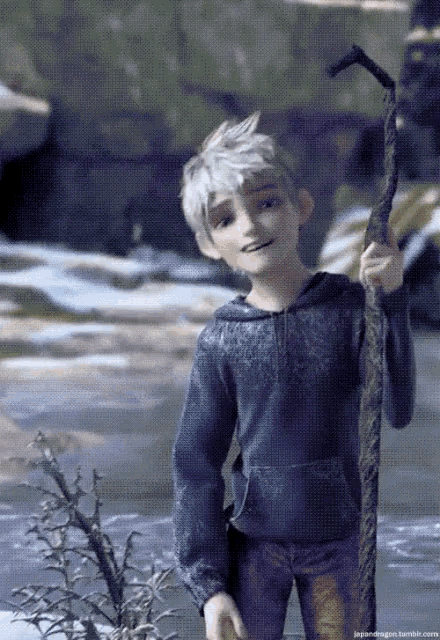 a cartoon character is smiling while holding a cane