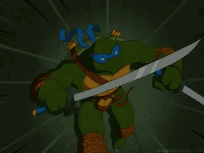 a teenage mutant ninja turtle is holding a sword in his hand and spinning it around .