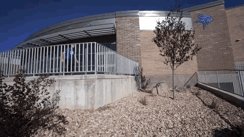 a large building with a blue panther on the side