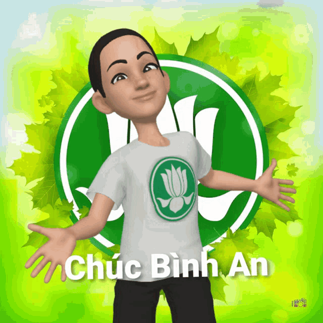 a cartoon character is wearing a white shirt with a green lotus flower on it