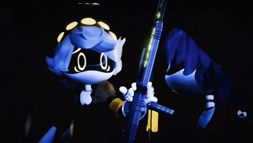 a cartoon character with glowing eyes is holding a sword