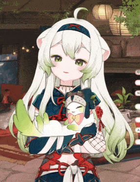 a girl with long white hair and green eyes holds a cat in her arms